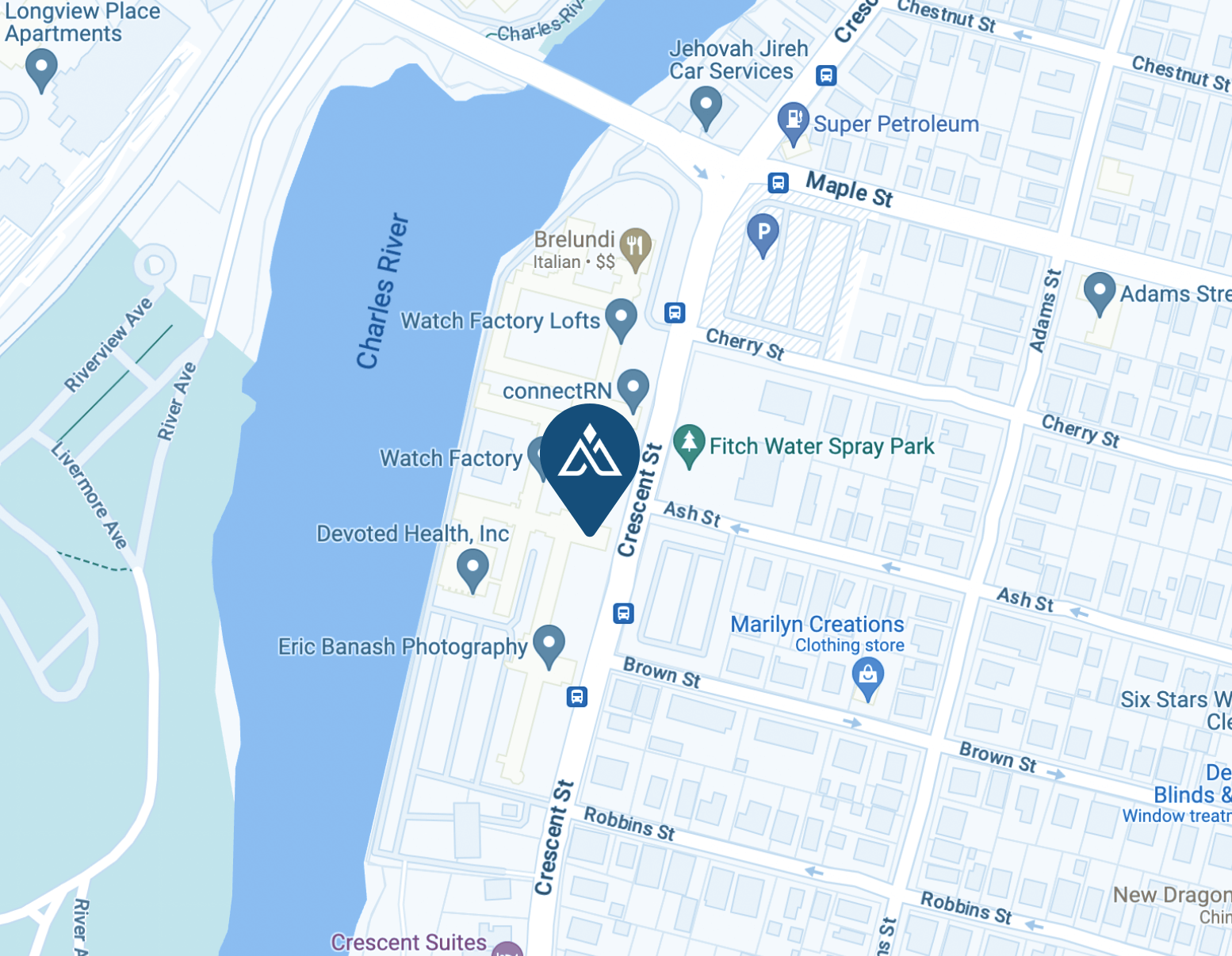Square map excerpt showing Apogee office at 221 Crescent Street in Waltham, Massachusets.